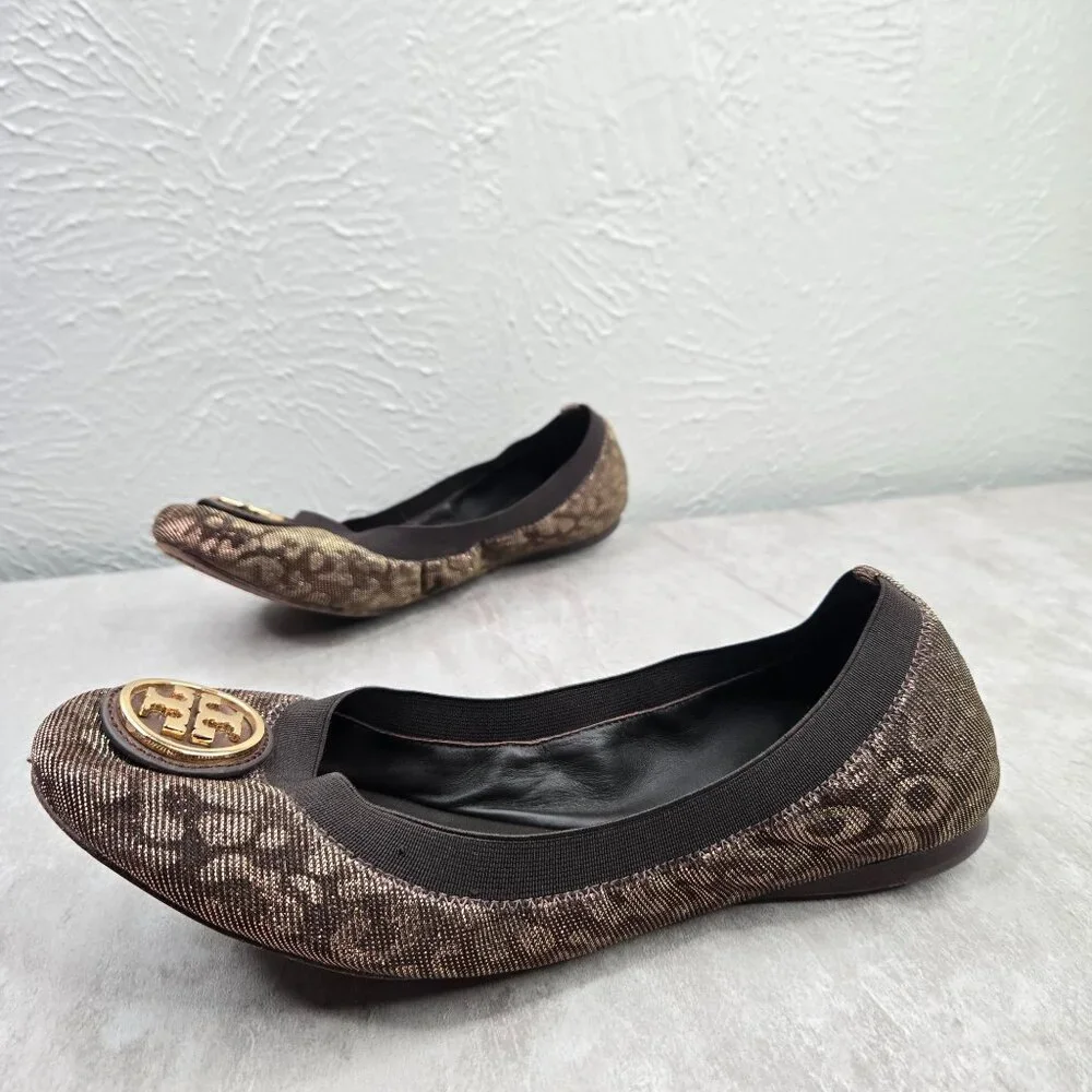 Tory Burch Ballet Flats Size 8 Animal Print Metallic Dressy Logo Ballerina Shoes - Picture 2 of 11